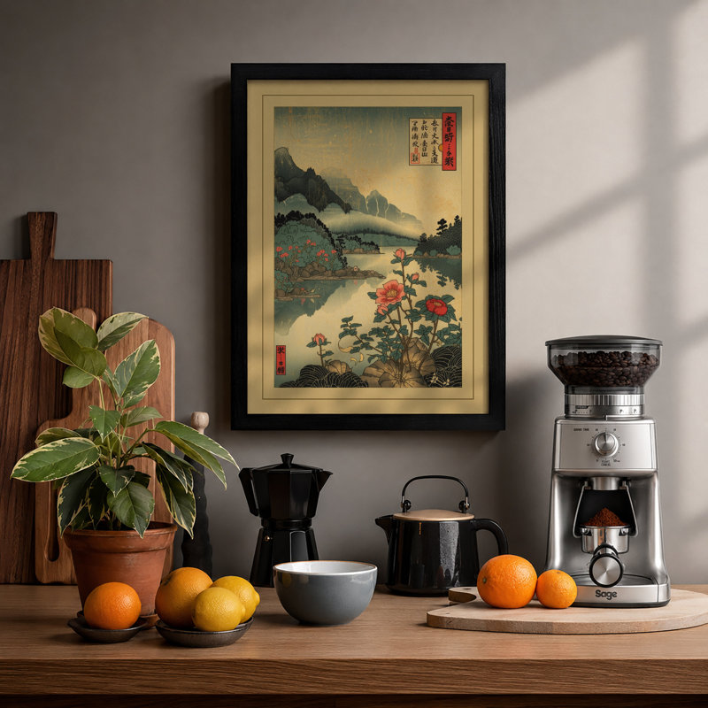 Peonies Over Mountain Vale Japandi - Print, Black, A3 - 42.0 x 29.7 cm