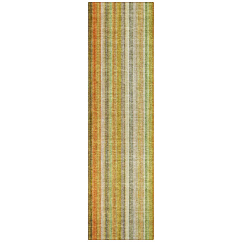 8' Runner Tan Orange and Green Striped Washable Non Skid Indoor Outdoor Runner Rug