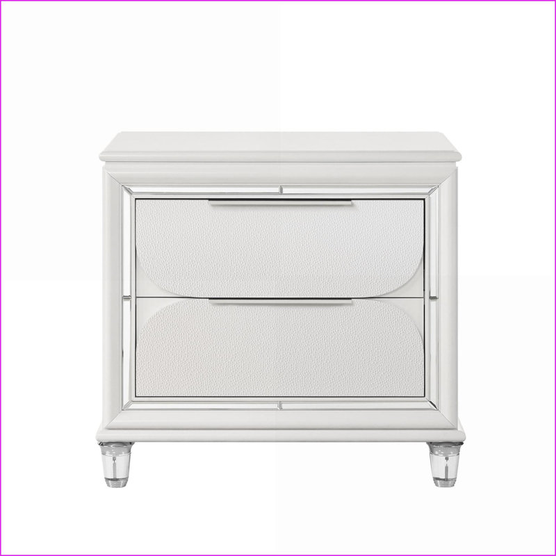Table de chevet Modern Glam Pearl White avec 2 tiroirs et pieds en acrylique
