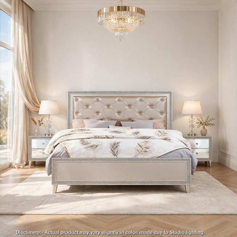 Ensemble de chambre à coucher pour lit très grand 3 pièces, design rembourré, argent, 2 tables de chevet