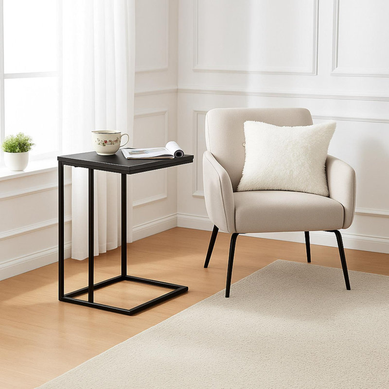 Slim C-Shaped Sofa End Table – Wood-Grain Top With Metal Frame – Compact Laptop & Coffee Table For Living Room, Bedroom Or Office – Space-Saving Modern Side Table 40×30×59 Cm