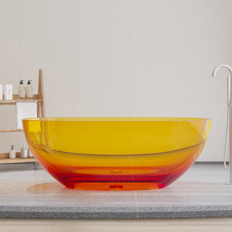 61'' x 29.5'' Freestanding Soaking Solid Surface Stone Resin Bathtub, Transparent Orange