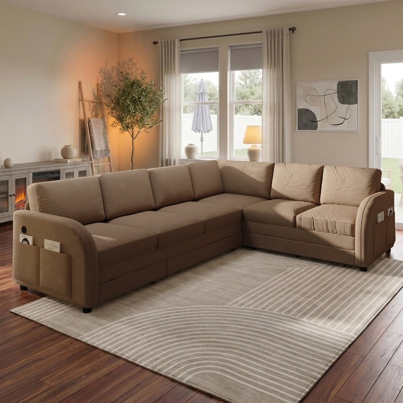 Canapé-lit modulaire en L 115,2 po avec ports USB et poches de rangement, Brun