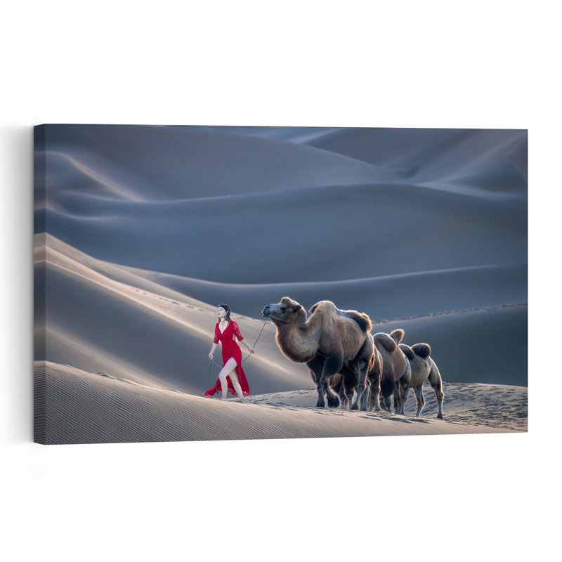 «Red Dress Desert Journey Elegant Ethereal Serene Landscape Nature», reproduction d'art murale, H 16 po x l 24 po