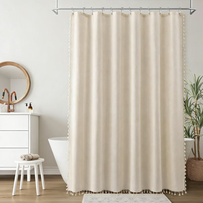 Ensemble de rideau de douche en lin avec pompons lestés, ensemble de rideau de bain de style campagne chic et hydrofuge comprenant des crochets, mélange de lin naturel pour les salles de bain rustiques rétro ou modernes