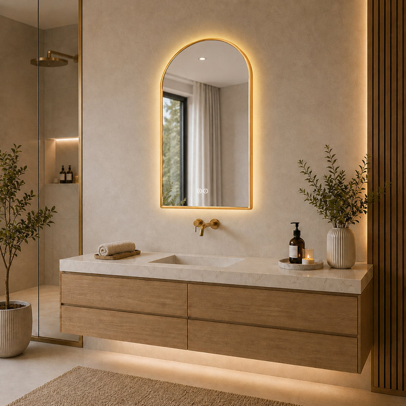 Miroir de salle de bain arqué à DEL avec anti-buée, éclairage 3 couleurs à intensité variable et interrupteur tactile double