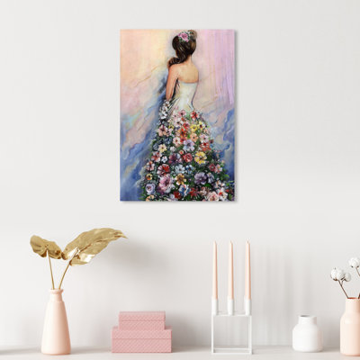 Floral, robe fluide, robe de fleur élégante, art mural sur toile rose / bleu / rouge / blanc pour le salon
