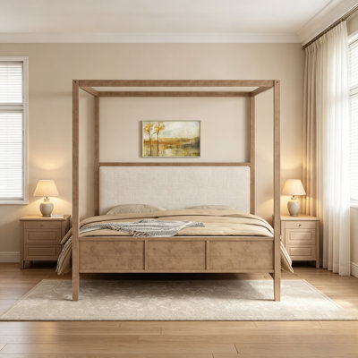 Wooden Canopy Platform Bed with Upholstery Headboard, No Box Spring Needed
