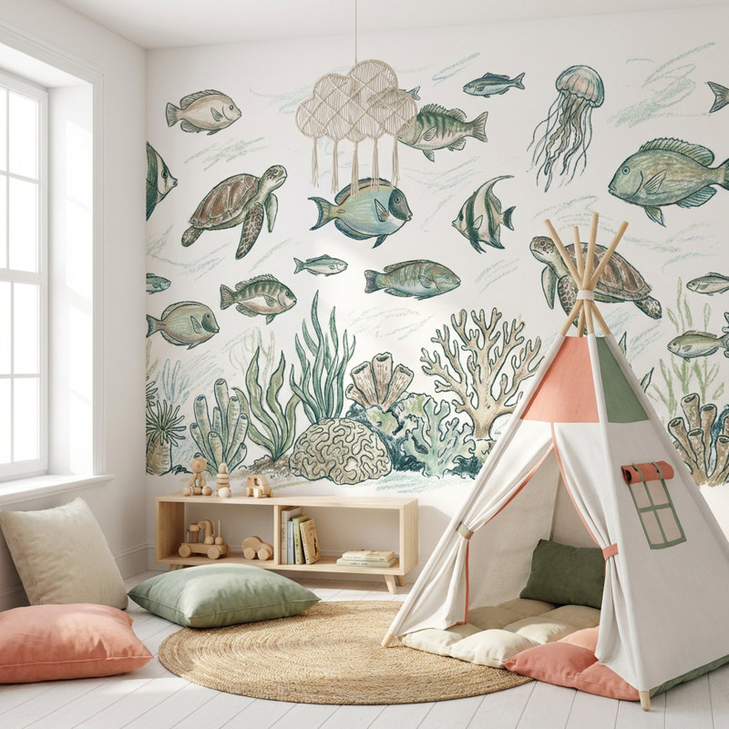 Décoration murale sous-marine marine, 120" x 96", Peler et coller