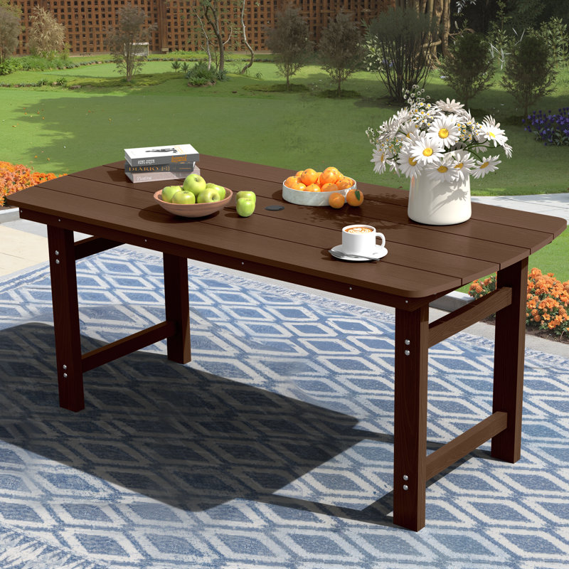  Rectangular HDPE Outdoor Dining Table With Umbrella Hole, Brown
