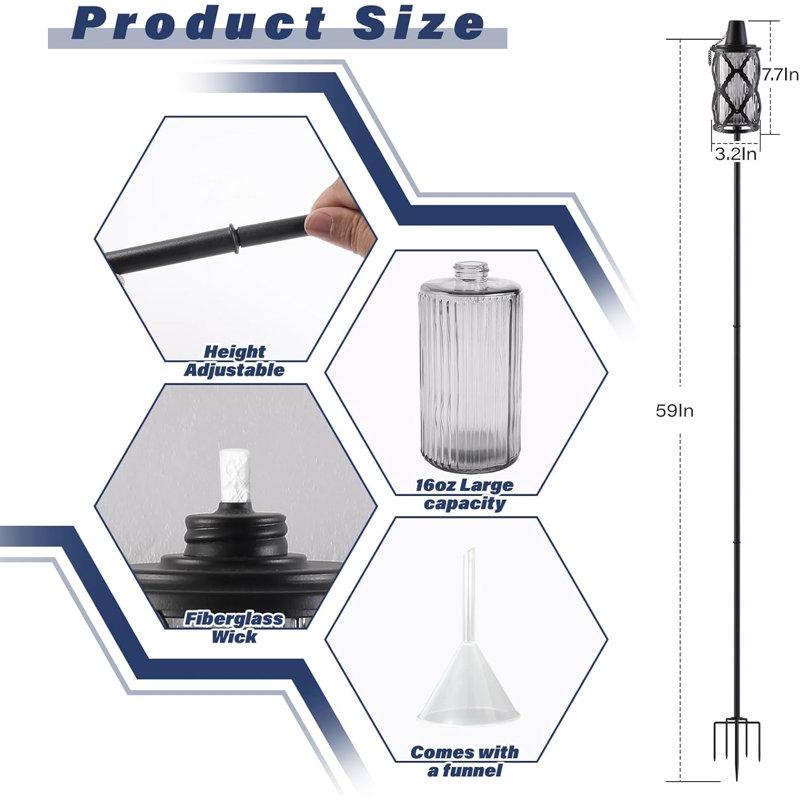 Paquet de 6 torches de jardin en verre gris, décoration de jardin pour torche extérieure 59 po, torches Citronella améliorées de 16 oz