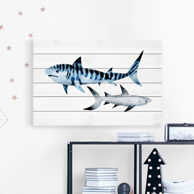 'Sharks Duo' Art Print on White Wood, 8" H x 12" W  x 1.5" D