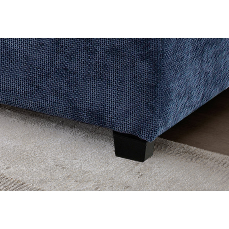 Coin en tissu de lin bleu avec unités modulaires, repose-pieds convertible, base en bois massif