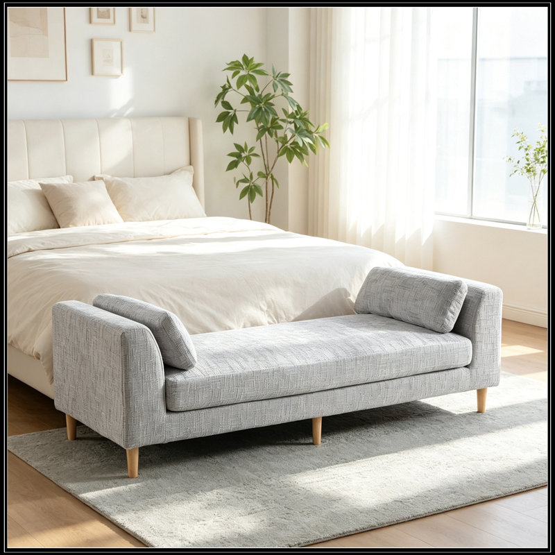Banc rembourré en chenille avec accoudoirs et 2 traversins, Gris