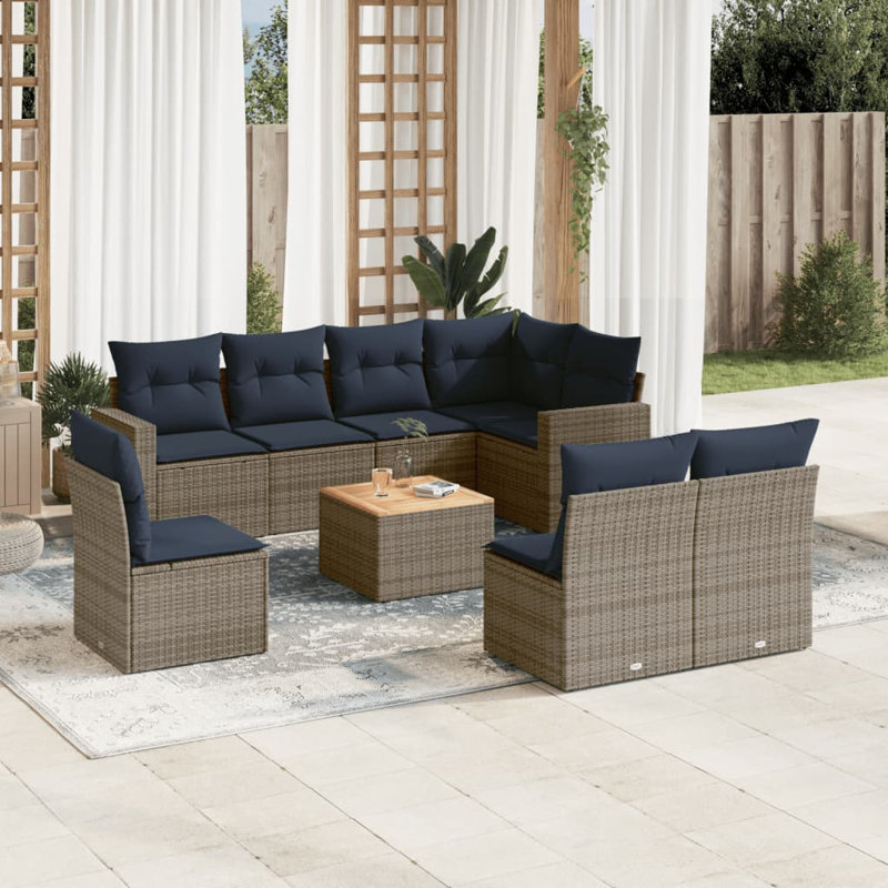 Ensemble de canapé de patio 9 pièces avec coussins en rotin de polyester, Marine, Gris
