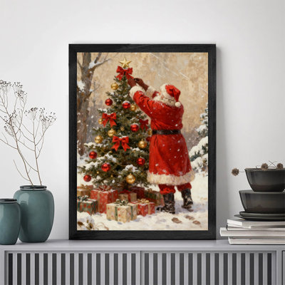 Père Noël noir encadré noir décorant un arbre de Noël, impressions murales de style rétro