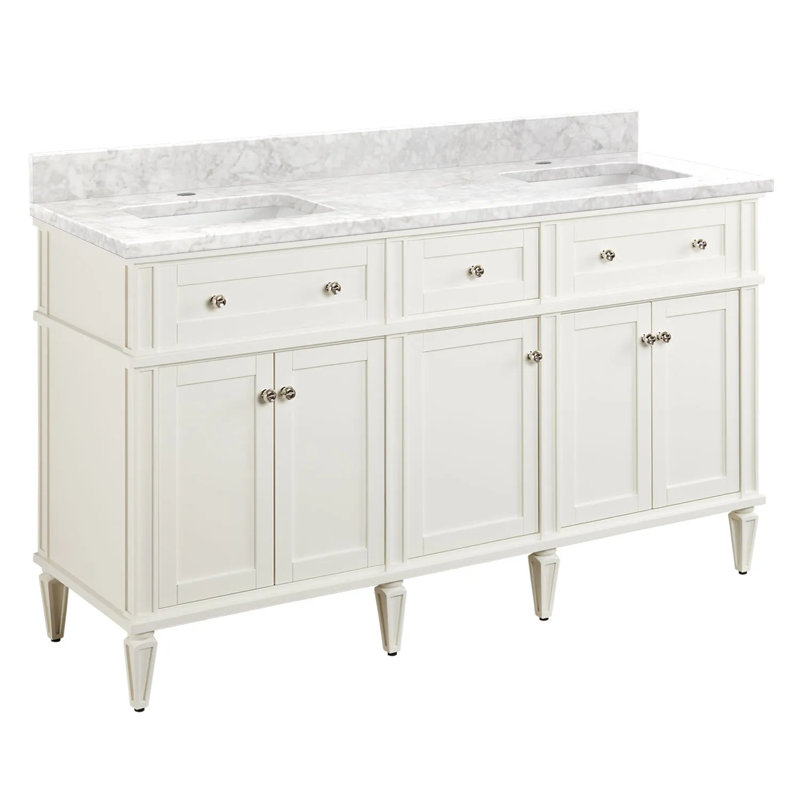 60" Elmdale Double Bathroom Vanity Set with Rectangular Undermount Sinks, Carrara Marble, Single Hole, Soft White