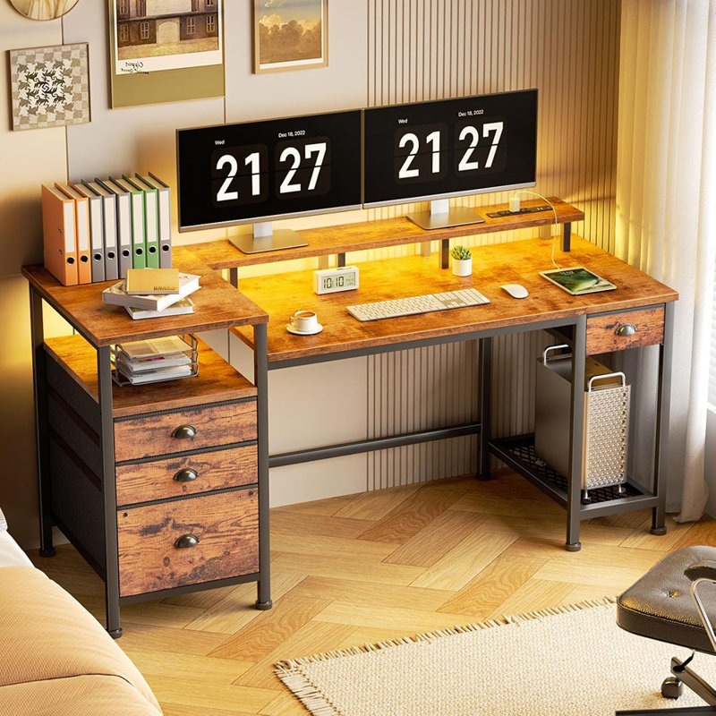 Bureau d'ordinateur avec 4 tiroirs et espace pour imprimante, bureau de jeu avec lumières DEL et prises USB, bureau avec classeur en tissu, table de travail avec tablette pour la chambre à coucher, brun rustique