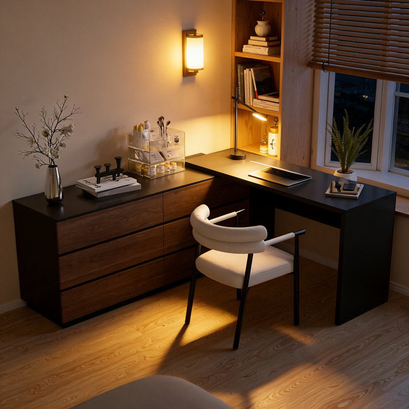 Bureau d'ordinateur en L 97,6 po avec commode extensible avec tiroirs de rangement, Noir / brun