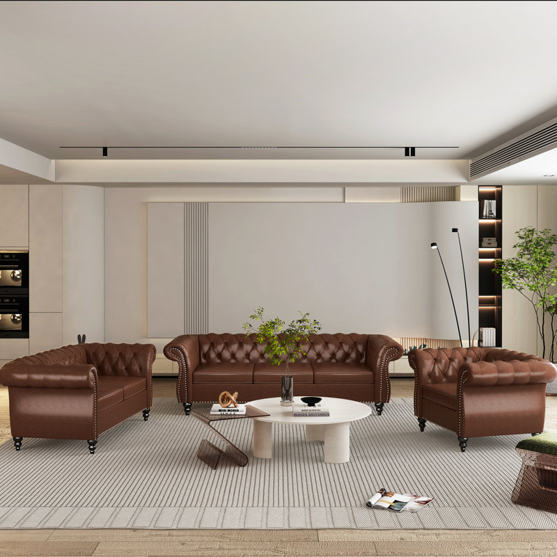 Brisny 3-Piece Faux Leather Living Room Set, Brown Faux Leather