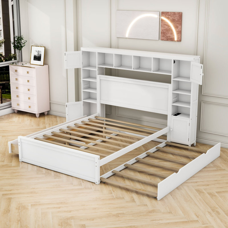 Lit plateforme en bois avec 2 tiroirs, lit gigogne et armoire, Blanc, Grand, Bed, 2 drawers, trundle
