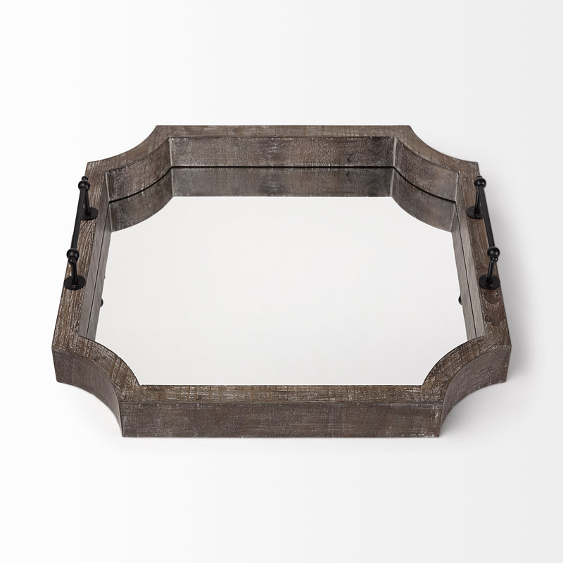 Hornbeck 23" Brown Hexagonal Wood and Mirrored Glass Serving Tray With Handles