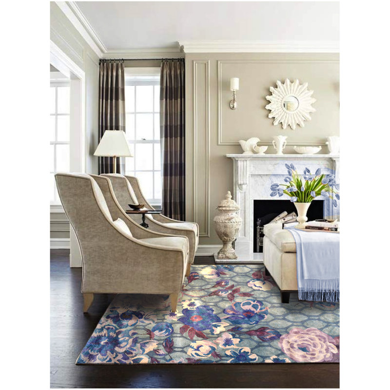 Motif floral en laine Touffeté à la main/gris soie/lilas Tapis décoratif, Rectangle 10 pi x 13 pi