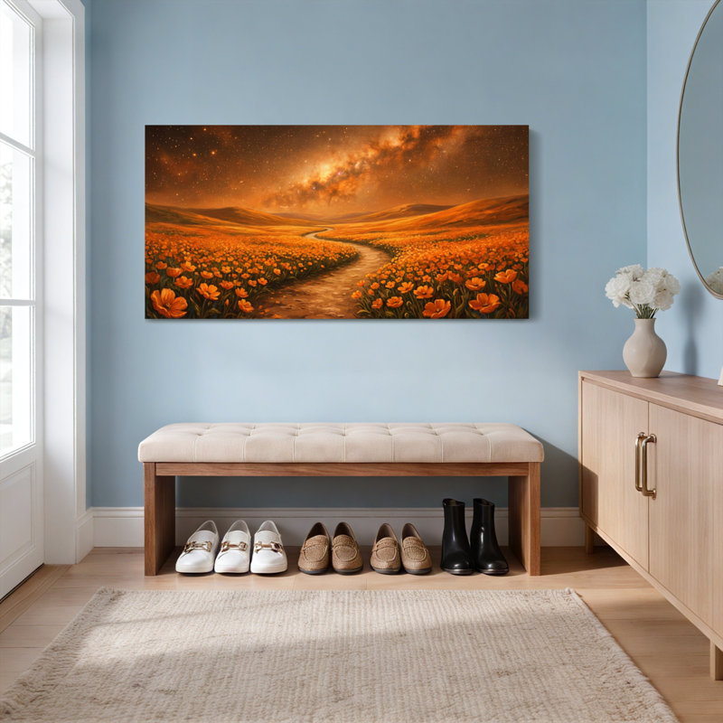Tableau sur toile représentant un champ de coquelicots orange, H 28 po x l 58 po