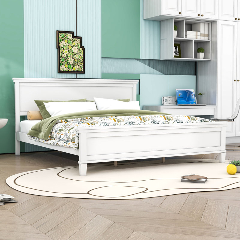 Lit plateforme en bois avec tête de lit, Blanc, Très grand