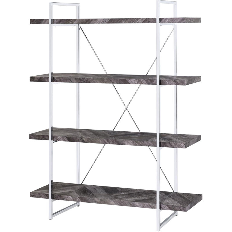 Bibliothèque rustique à chevrons gris, 4 tablettes, structure en métal, ajoute du caractère à l'intérieur élégant de 4 tablettes