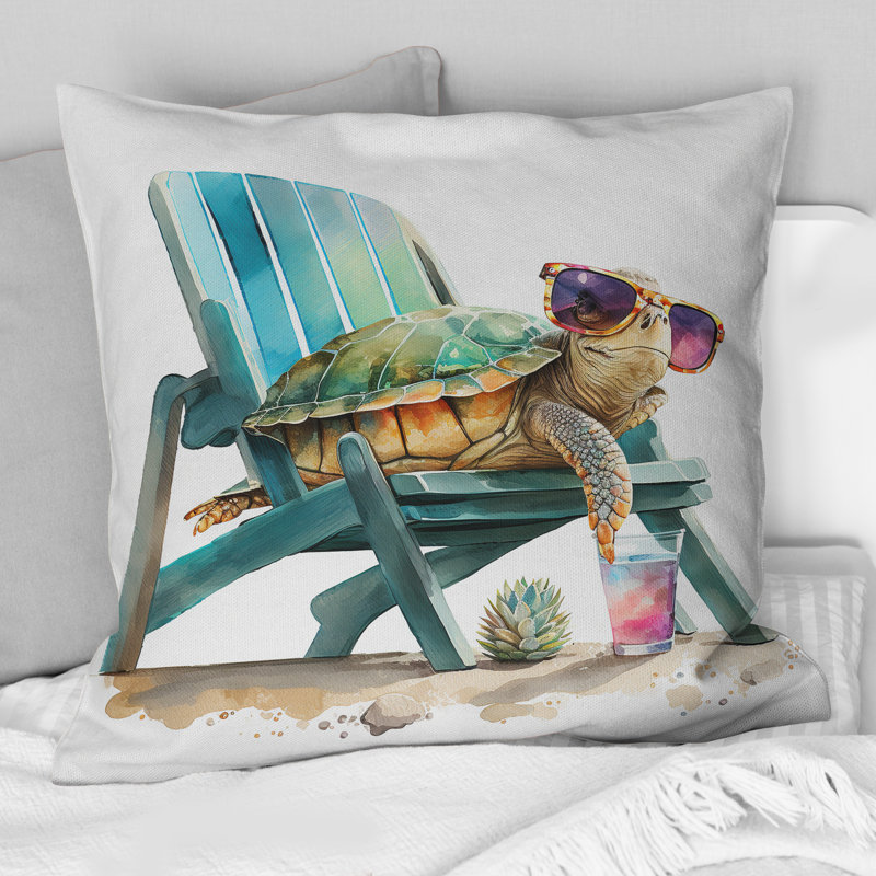 Turtle Laying On A Beach Chair With Sunglasses I - Animals Printed Throw Pillow, 18"H x 18"W