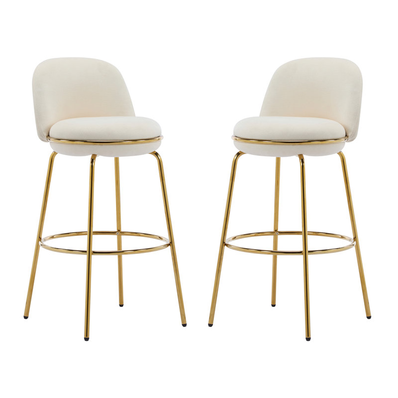 Indoor Metal Upholstered Barstool, Gold Finished Frame And Upholstery, Set Of 2, Beige