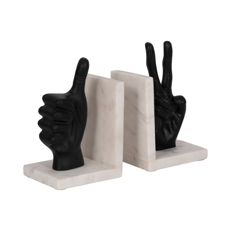 Modern Metal and Marble Hand Gesture Bookends, Decorative Stone and Aluminum Display Accents, Set of 2, Black