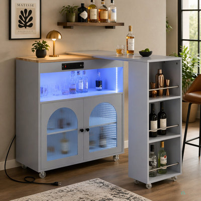 Îlot de cuisine roulant avec table allongée, îlot de cuisine sur roulettes avec lumières DEL, prises de courant et 2 portes en verre cannelé, îlot de cuisine avec compartiment de rangement et 3 tablettes ouvertes latérales