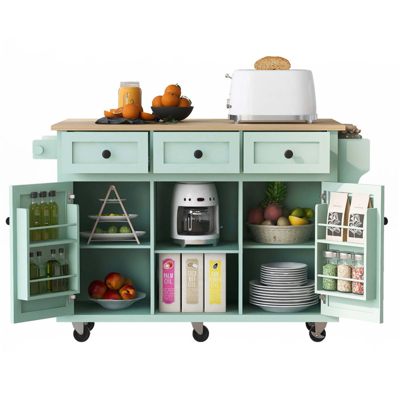 Chariot de cuisine avec comptoir à abattants en bois d'hévéa 5 roulettes et 3 tiroirs, Vert menthe