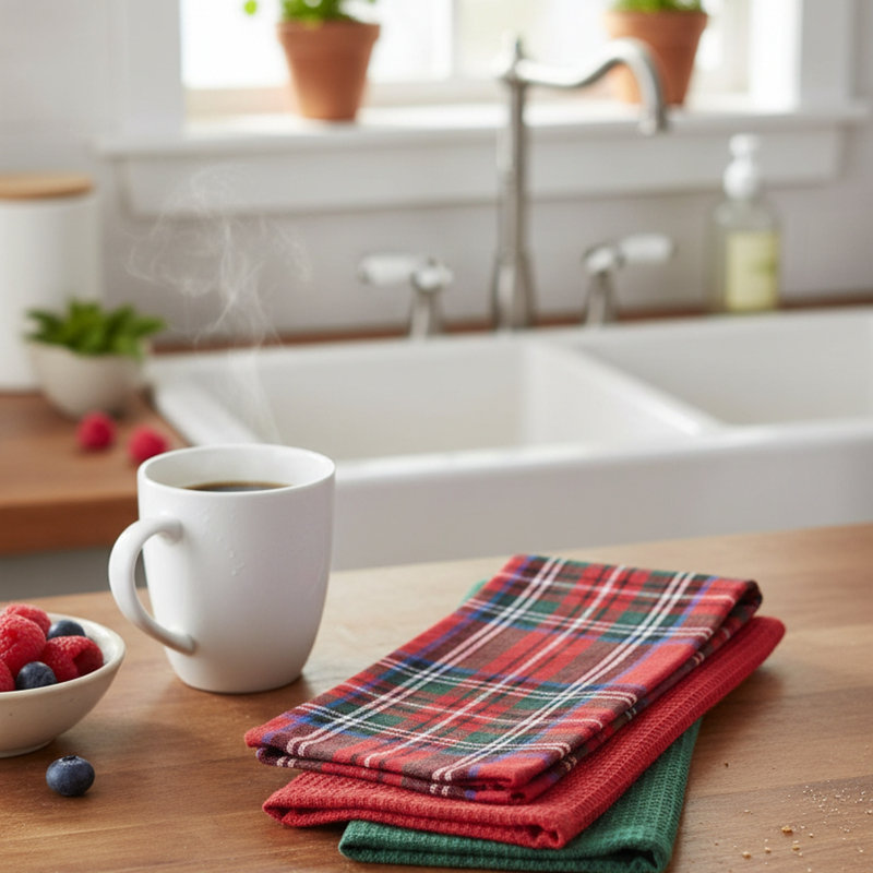 Ensemble de 3 chiffons à vaisselle Classic Tartan, L 14 po x l 14 po, Rouge