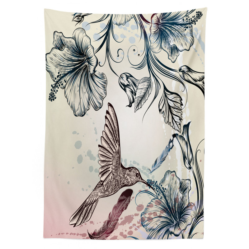 Hummingbird Tablecloth, Floral Art In Vintage Style With Hummingbird Hibiscus Flowers And Feathers, Rectangular Table Cover For Dining Room Kitchen Decor, 52" X 70", Teal Brown