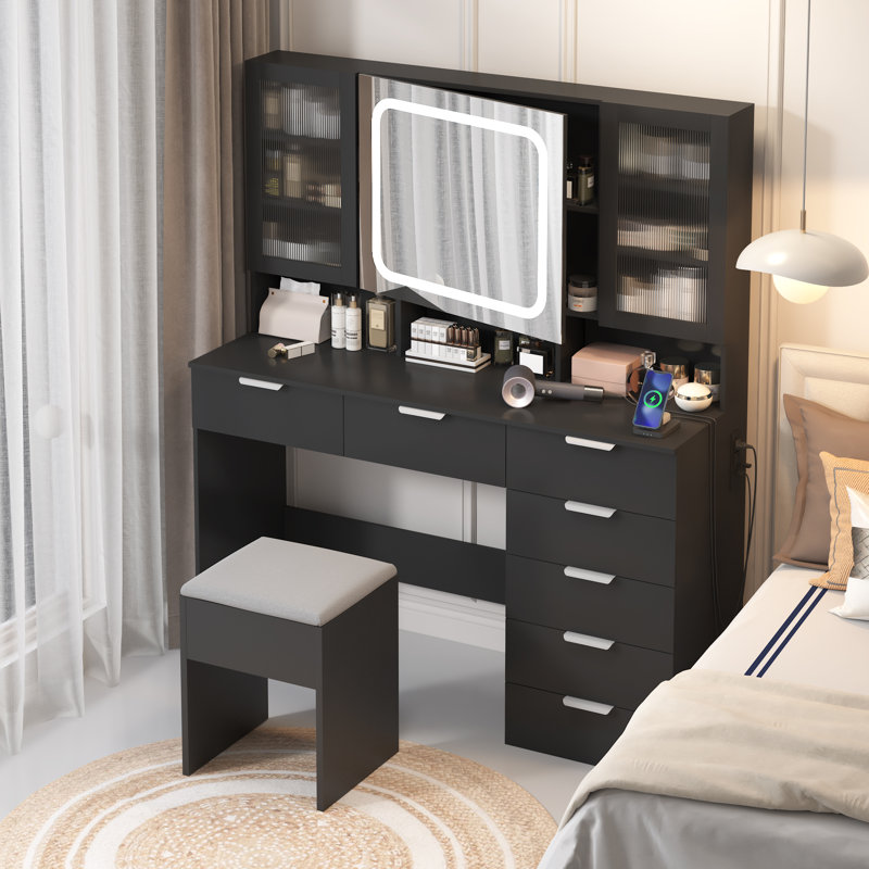 Large Makeup Vanity Set with Lights, USB & Power Outlet and 7 Drawers, Black