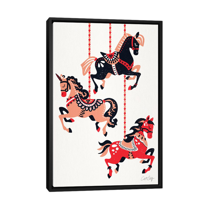 " Red Black - Carousel Horses " by Cat Coquillette, Black Frame, No Mat, 60" H x 40" W x 1.5" D
