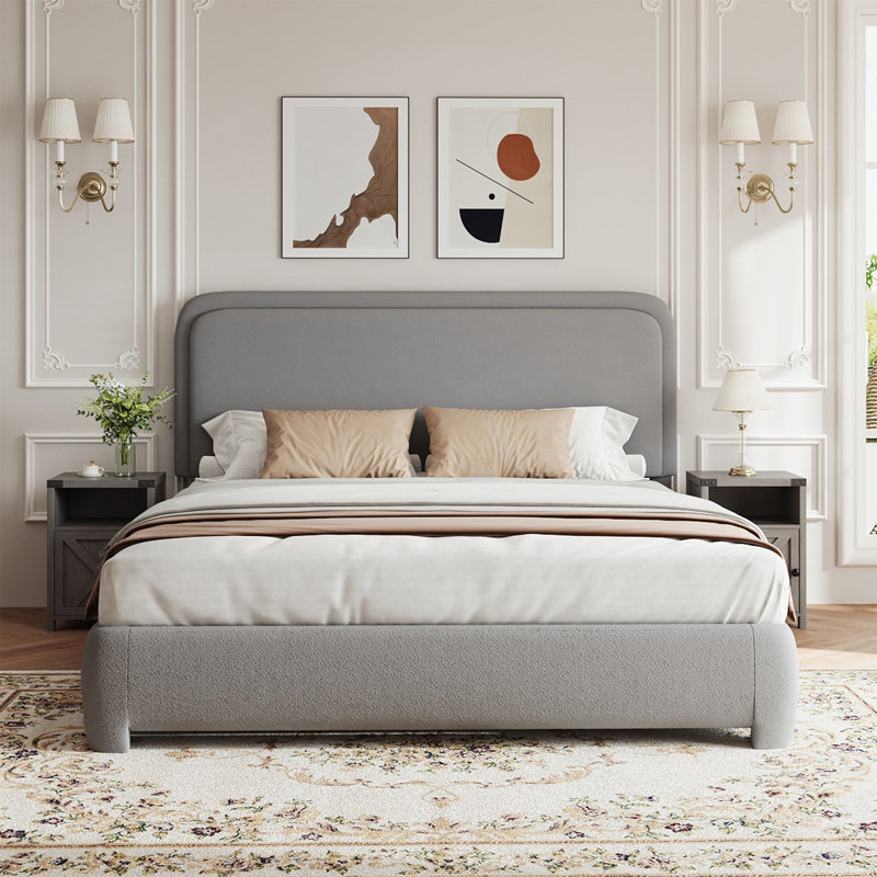 Bensu Boucle Upholstered Platform Bed，3-Piece Bedroom Sets, Gray, Queen