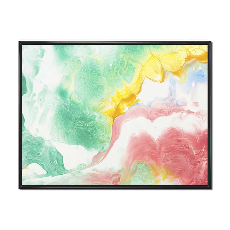 Encre verte, jaune et rouge - peinture sur toile, H 34 po x l 44 po x P 1,5 po, Cadre flottant noir