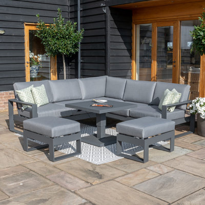 Hagai Square Aluminium Corner Dining Set - with Rising Table & Footstools - Grey