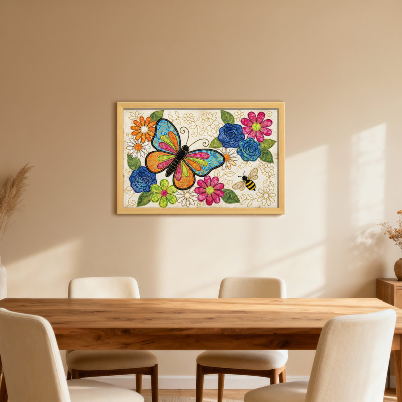 Motif floral animaux avec abeille, H 12 po x l 18 po, Toile tendue, Ne s’applique pas