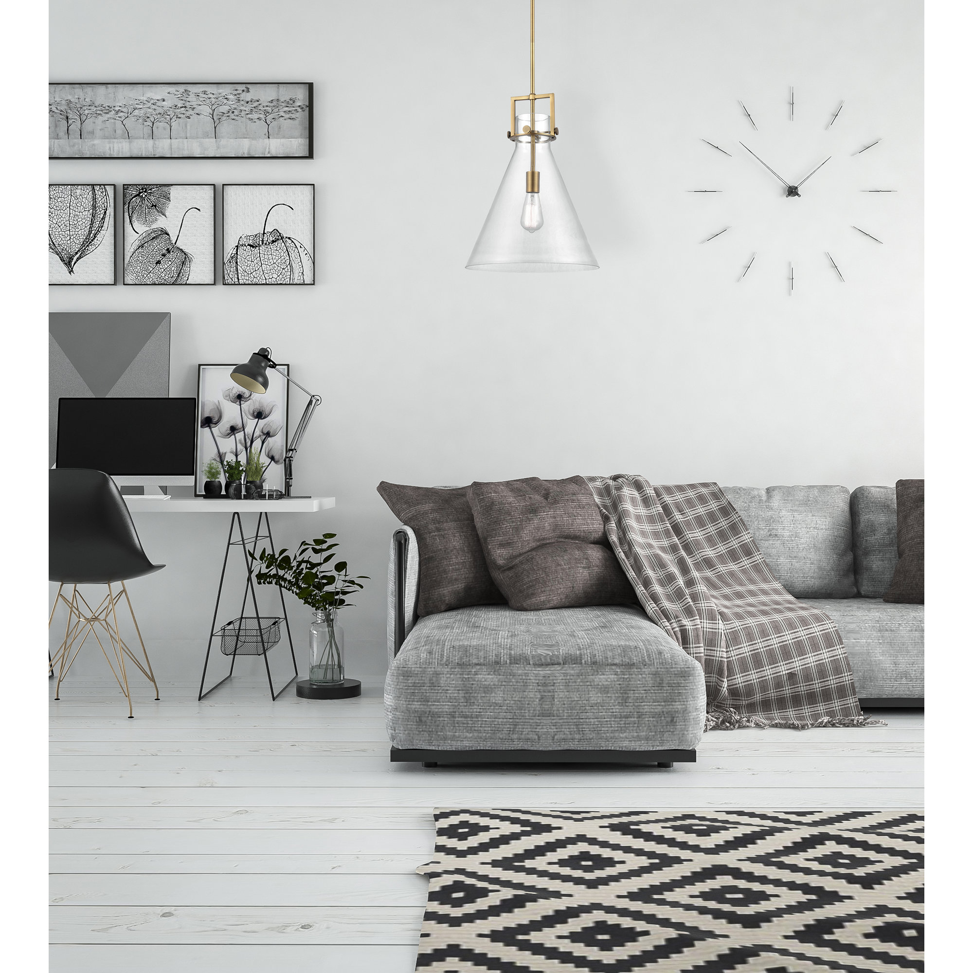 Coterie Single Light Glass Dimmable Pendant, 19.13" H x 14" W x 14" D, Brushed Brass, Clear