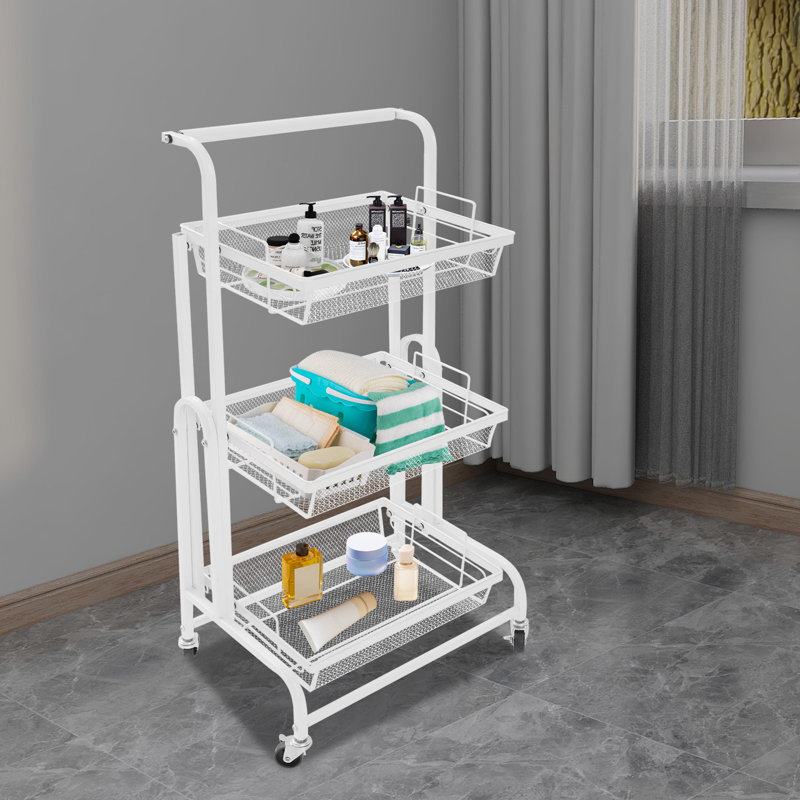 3-Tier Adjustable Metal Rolling Utility Cart with Wheels, White