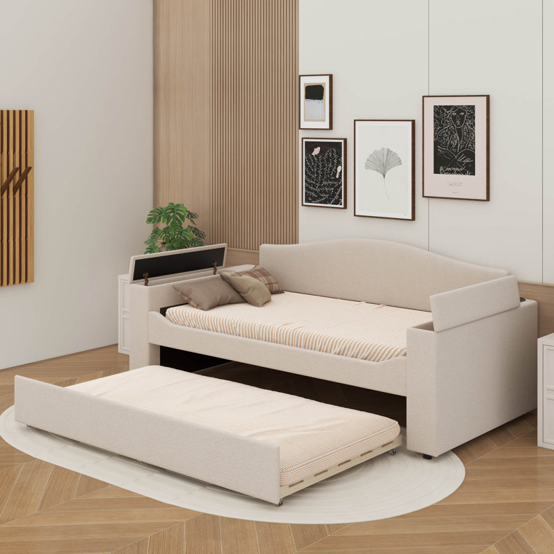 Twin Size Upholstered Daybed With Trundle,Storage Armrests And Latest Integrated Bluetooth Audio System, Beige