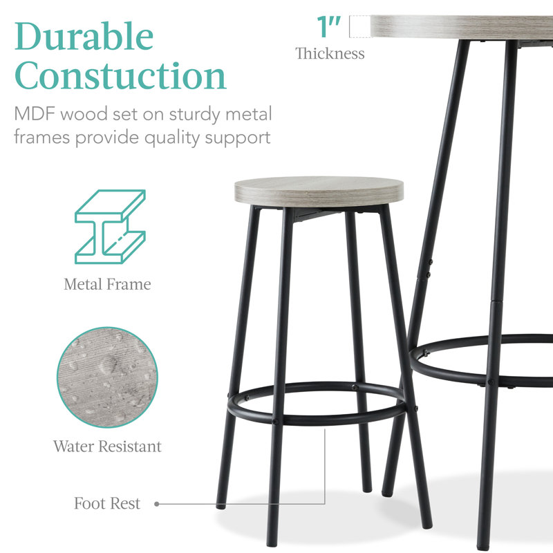 Sevon 3-Piece Bistro Set, Modern Round Counter Height Dining Set w/ 2 Stools, Metal Frame, Light Grey