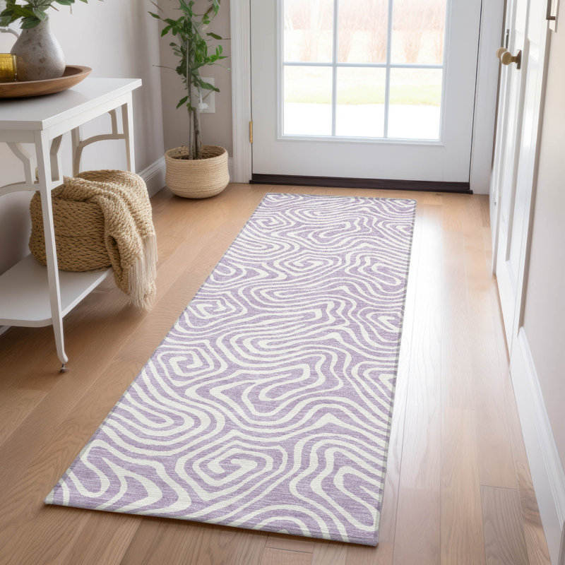 Lavender and White Flat Woven Synthetic Runner Rug