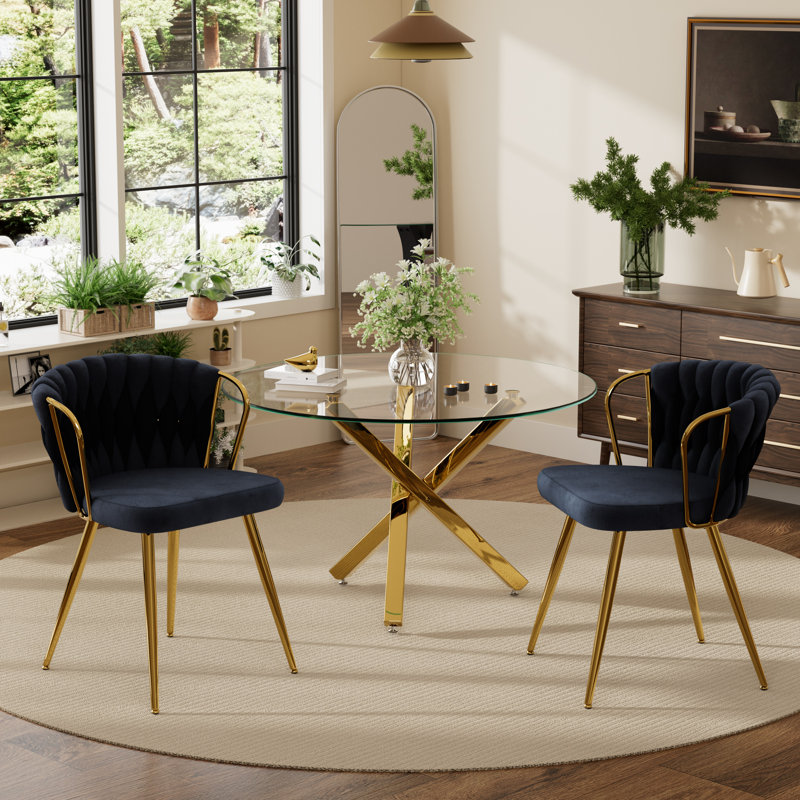 Ensemble repas rond, Noir, 3 pièces: table, 2 chaises, Doré