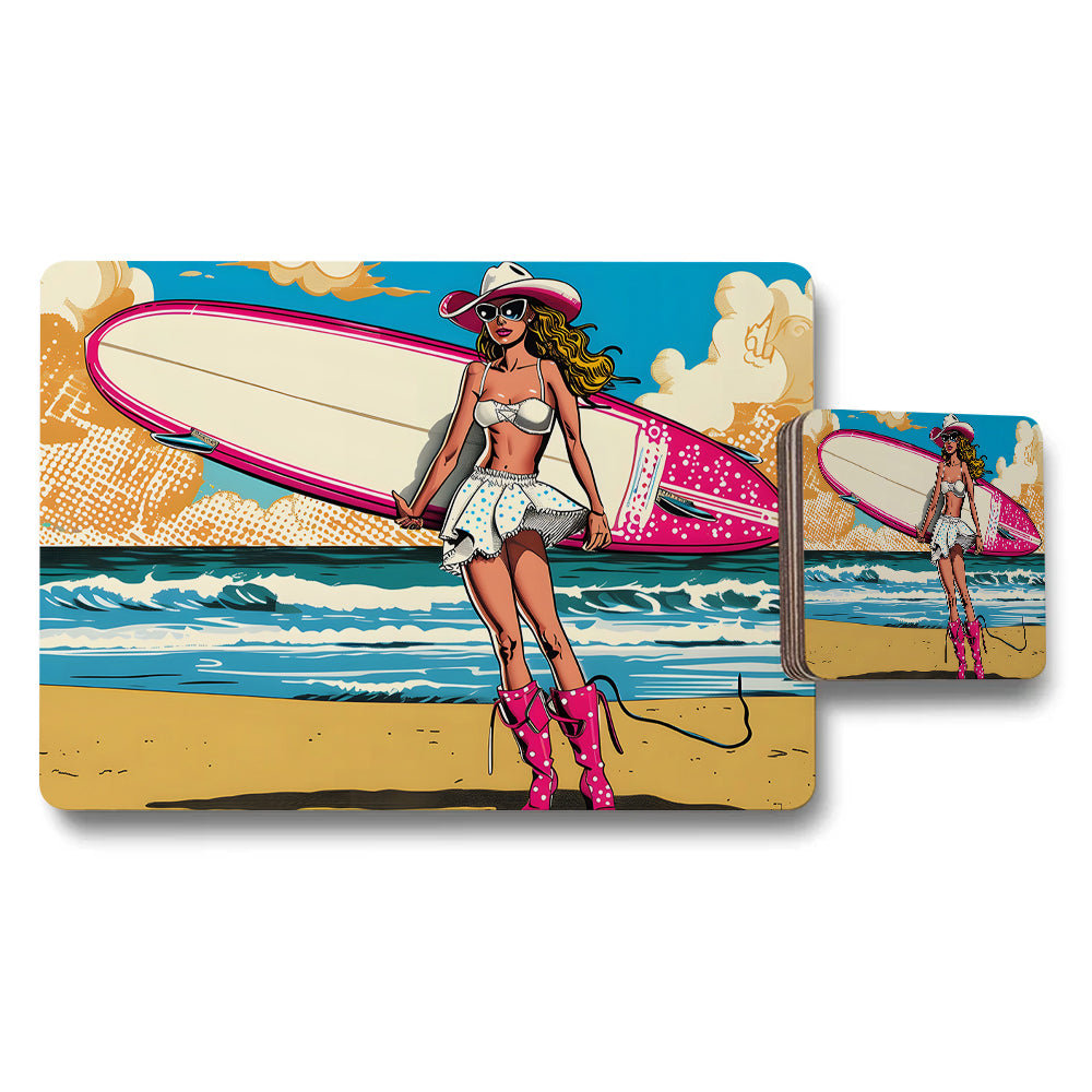 Surfing Girl Placemats And Coaster Set With Pink Surfboard Design